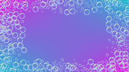 Fototapeta na wymiar Soap foam. Detergent bath bubble and suds for bathtub. Shampoo. Aqua fizz and splash. Realistic water frame and border. 3d vector illustration invite. Rainbow colorful liquid soap foam.