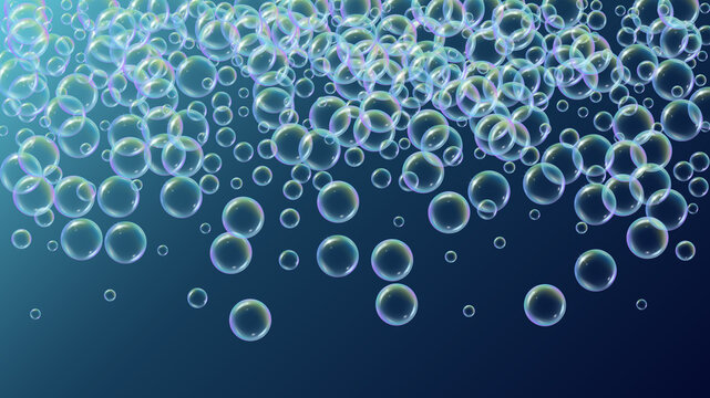 Bathtub foam. Detergent soap bubble and suds for bath. Shampoo. 3d vector illustration invite. Aqua fizz and splash. Realistic water frame and border. Blue colorful liquid bathtub foam.