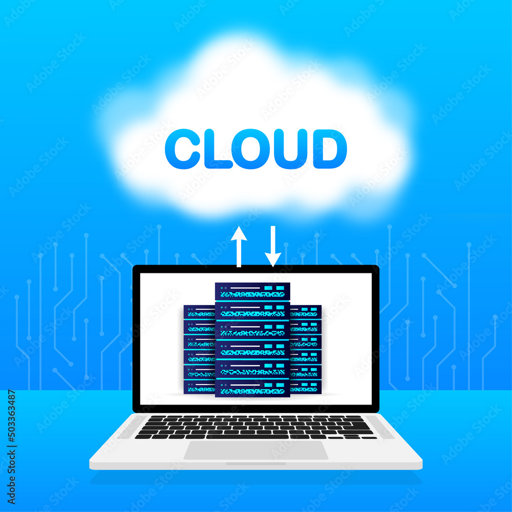 Poster data base, cloud. network servers computer hardware technology decorative elements. vector illustrat