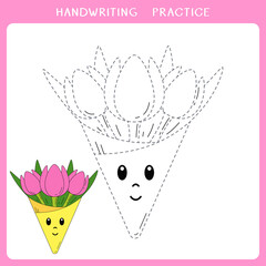Handwriting practice sheet. Simple educational game for kids. Vector illustration of cute bouquet of tulips for coloring book