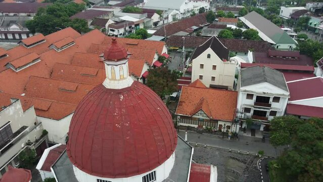 Semarang, Indonesia, April 29th, 2022 : Aerial View Gereja Blenduk (Blenduk Church) in Kota Lama Semarang, is oldest christian church in central java, Indonesia.
