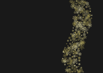 Gold snowflakes frame on black background. New year theme. Horizontal shiny Christmas frame for holiday banner, card, sale, special offer. Falling snow with gold snowflake and glitter for party invite