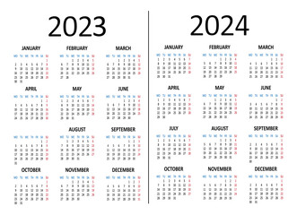 Calendar 2023 2024 years. Week starts on Monday. Vector illustration