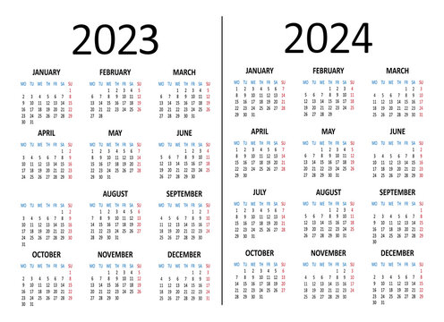 Calendar 2023 2024 years. Week starts on Monday. Vector illustration