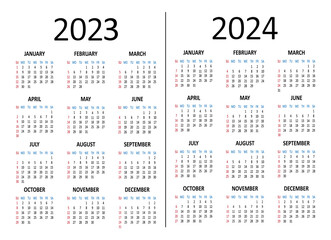 Calendar yearly 2023 2024. Week starts on Sunday. Vector illustration