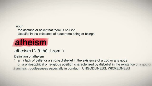The Word Atheism Red Highlighted in a Dictionary Animation