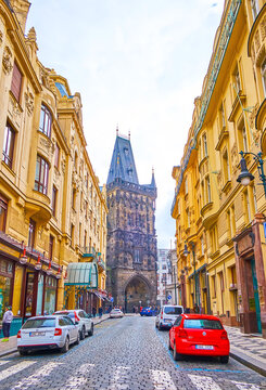 The Powder Tower from the narrow street, on March 5 in Prague, Czech Republic
