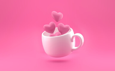 White mug with pink hearts inside. Romantic concept. 3d rendering