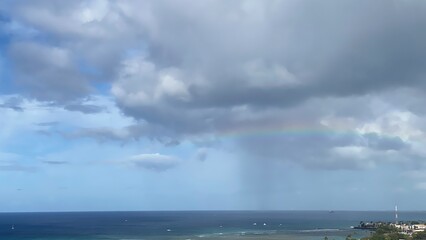 Rainbow over the Honolulu Ala Moana beach area, view from the Ala Moana hotel, Oahu island Hawaii,...