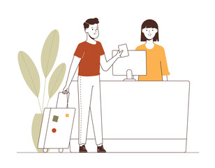 Young man standing at reception desk and booking a hotel room. Check in at lobby illustration. Flat vector design.