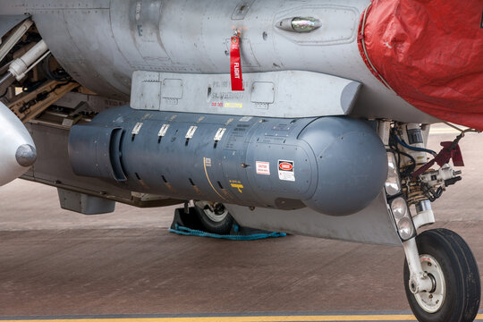 RAF Fairford, Gloucestershire, UK - July 11, 2014: Northrop Grumman AN/AAQ-28 LITENING Targeting Pod Is And Advanced Targeting System Used By A Wide Variety Of Combat Aircraft Worldwide. .