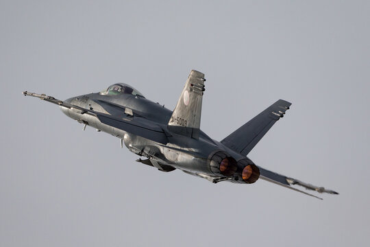 RAF Fairford, Gloucestershire, UK - July 13, 2014: Swiss Air Force McDonnell Douglas F/A-18C Hornet Fighter Aircraft J-5009.