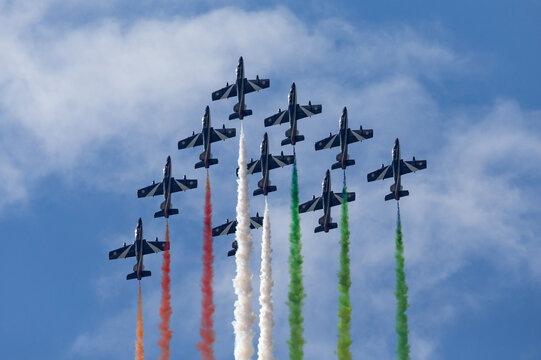RAF Fairford, Gloucestershire, UK - July 14, 2014: Frecce Tricolori formation display team of the Italian Air Force (Aeronautica Militare Italiana) flying Aermacchi MB-339PAN aircraft.