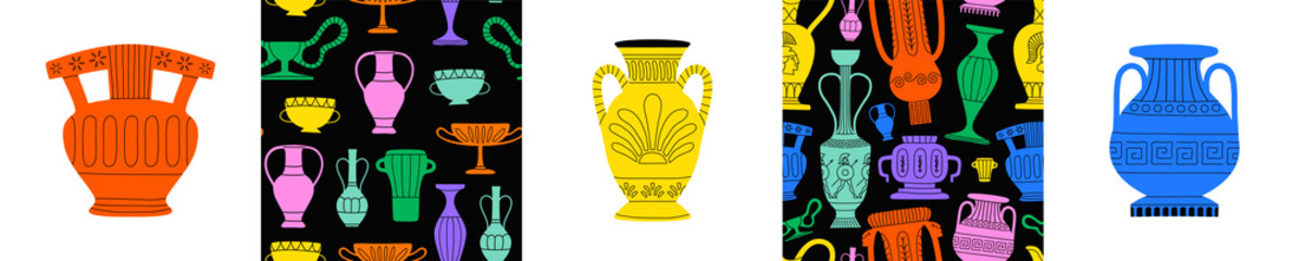 Colorful vintage greek vase decoration cartoon collection. Set of ancient history jar, clay pottery and historical doodle seamless pattern illustration.