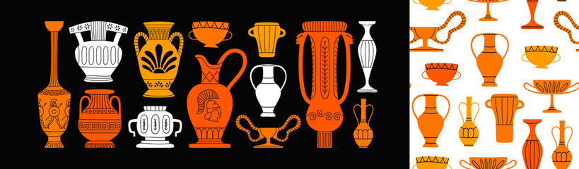Vintage greek vase decoration cartoon collection. Set of ancient history jar, clay pottery and historical doodle illustration on isolated background. Trendy home decor seamless pattern bundle. - obrazy, fototapety, plakaty