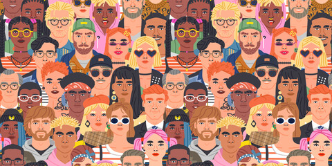 Crowd of diverse people cartoon character group seamless pattern illustration. Modern team of many young men and women background.