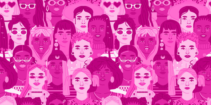 Crowd Of Diverse Woman People Cartoon Character Seamless Pattern Illustration. Multi Cultural All Girl Background In Pink Color For Female Only Event, Womens Day Or Breast Cancer Support Design.