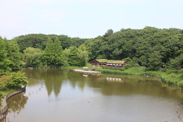 森に囲まれた池とボート小屋。アンデルセン公園(千葉県船橋市）にて。