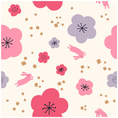 うさぎと梅の花の模様-シームレスなパターン
