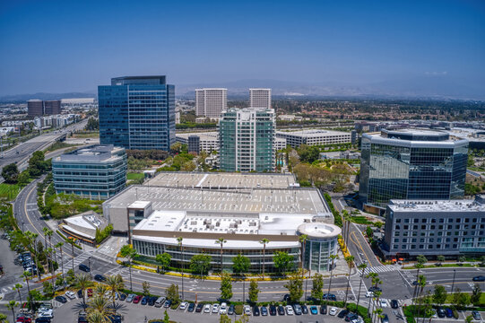 Low Altitude Aerial View of Downtown Irvine, California in Spring