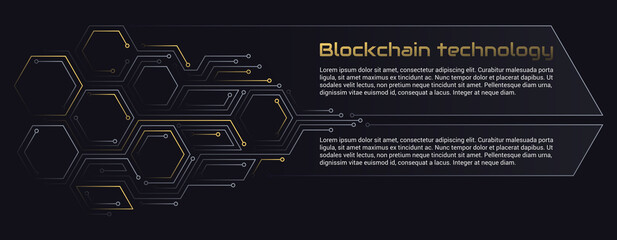 Blockchain technology concept, cryptocurrency. Working with tokens on the Internet, security. Futuristic background with elements in techno style microchips. Design banner template for web. Copyspace.