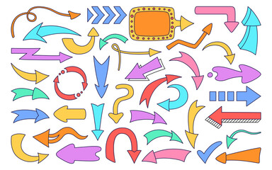 Arrow doodle outline set. Infographic various directions pointer colorful contour collection. Sketch cursor sign. Different shape arrows symbol up, left right down. Isolated vector design element