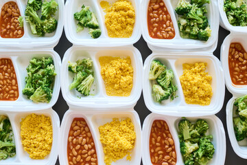 Layout of assortment of fresh cooked food in white plastic containers prepared for refugees, migrants or homeless people