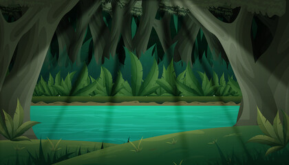 landscape dark forest background with tree illustration
