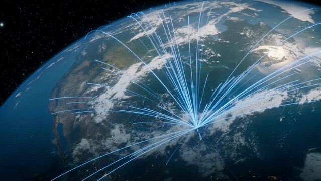 Earth in Space. Blue Lines connect Orlando, USA with Cities across the World. Global Travel or Business Concept.