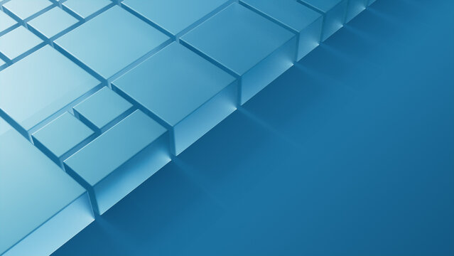 Transparent Shapes on a Blue Surface. Futuristic Tech Design with copy space. 3D Render.