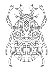 Hand-drawn beetle coloring page for adults vector illustration. Black outline fantasy bug isolated on white. Natural creature linear print perfect for bag, t-shirts, postcards and so on