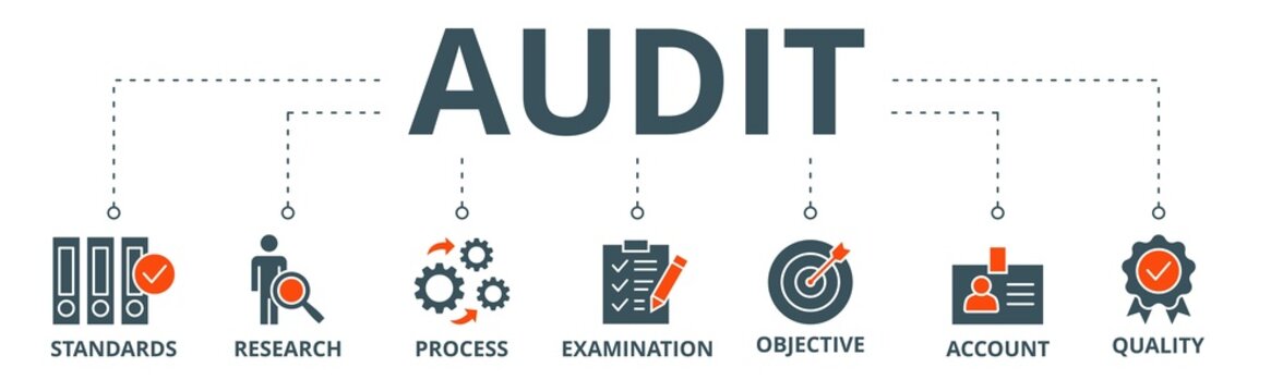 Audit banner web icon vector illustration concept with icon of standards, research, process, examination, objective, account, and quality