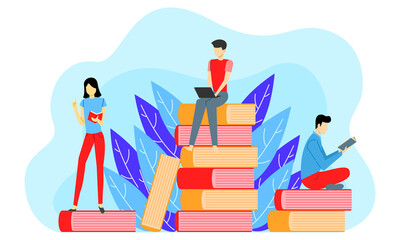 Naklejka premium People working and studying on a book piles flat vector illustration. Male and female reading books and using laptop with books background for poster, presentation, or banner