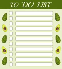 a to-do list with an avocado illustration. Vector planner.