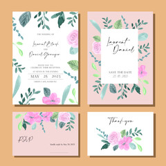pink solid invitation with pastel floral watercolor