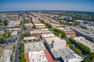 Aerial View of Downtown Visalia, California during Spring