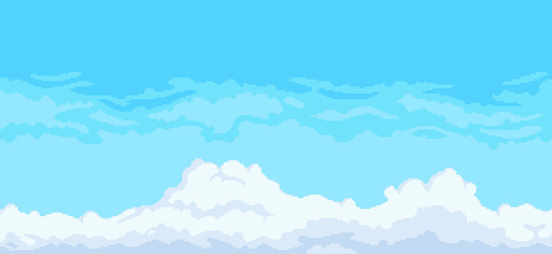 Pixel art sky background with clouds, cloudy blue sky vector for 8bit game on white background

