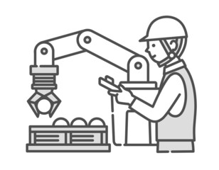 人と協力しながら働く産業用ロボットのイラスト。協働ロボット。