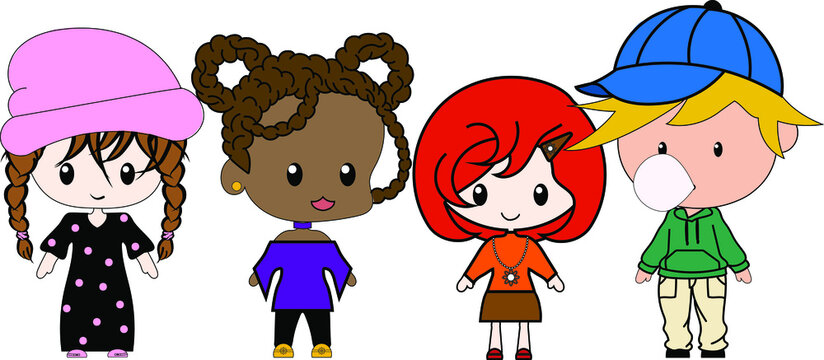Multi Racial Group of Chibi Friends Vector Illustration