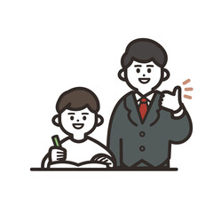 勉強している少年とグッドポーズの先生