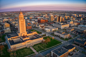 Aerial View of Downtown Lincoln, Nebraska at Twilight - 503378044