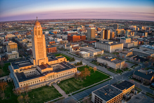 Aerial View of Downtown Lincoln, Nebraska at Twilight