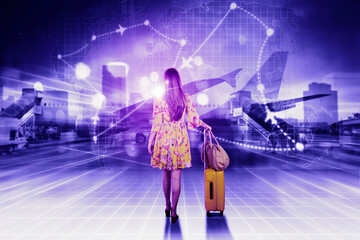 Woman walking in the airport with flight routes