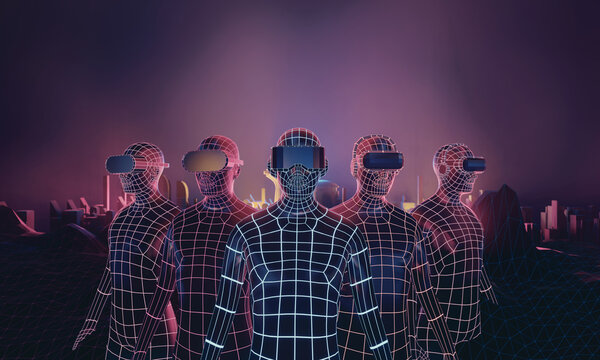 3D wireframe five virtual human team wear VR headset on dark city background. 3D illustration rendering