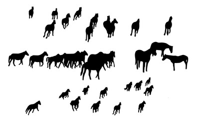 Set of horse silhouette in line art style.Horse vector by hand drawing.Horse tattoo on white background.Illustration of a herd of horses running in the meadow