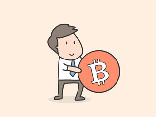 Bitcoin business - Businessman holding bitcoin. Accumulation and buying crypto currency concept. Vector illustration.