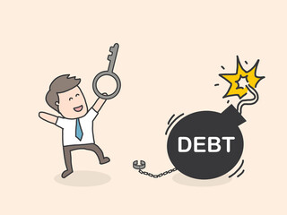 Happy businessmen by use the key to unlock the chain from the debt time bomb. Vector illustration with financial concepts.