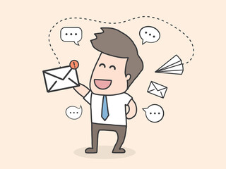 Man hold mail. chatting, Business man vector illustration. Working process, New email message, mail notification. Social network, chat, man reading letter, New incoming message, sms, spam.