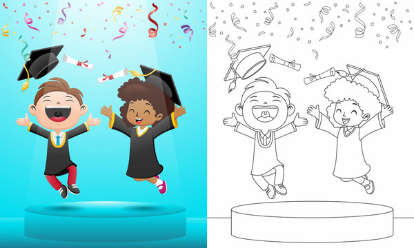 vector illustration of two happy kids jumping in graduation day