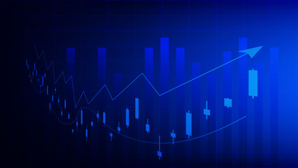  Financial business statistics with bar graph and candlestick chart with uptrend arrow show stock market price and effective earning on blue background